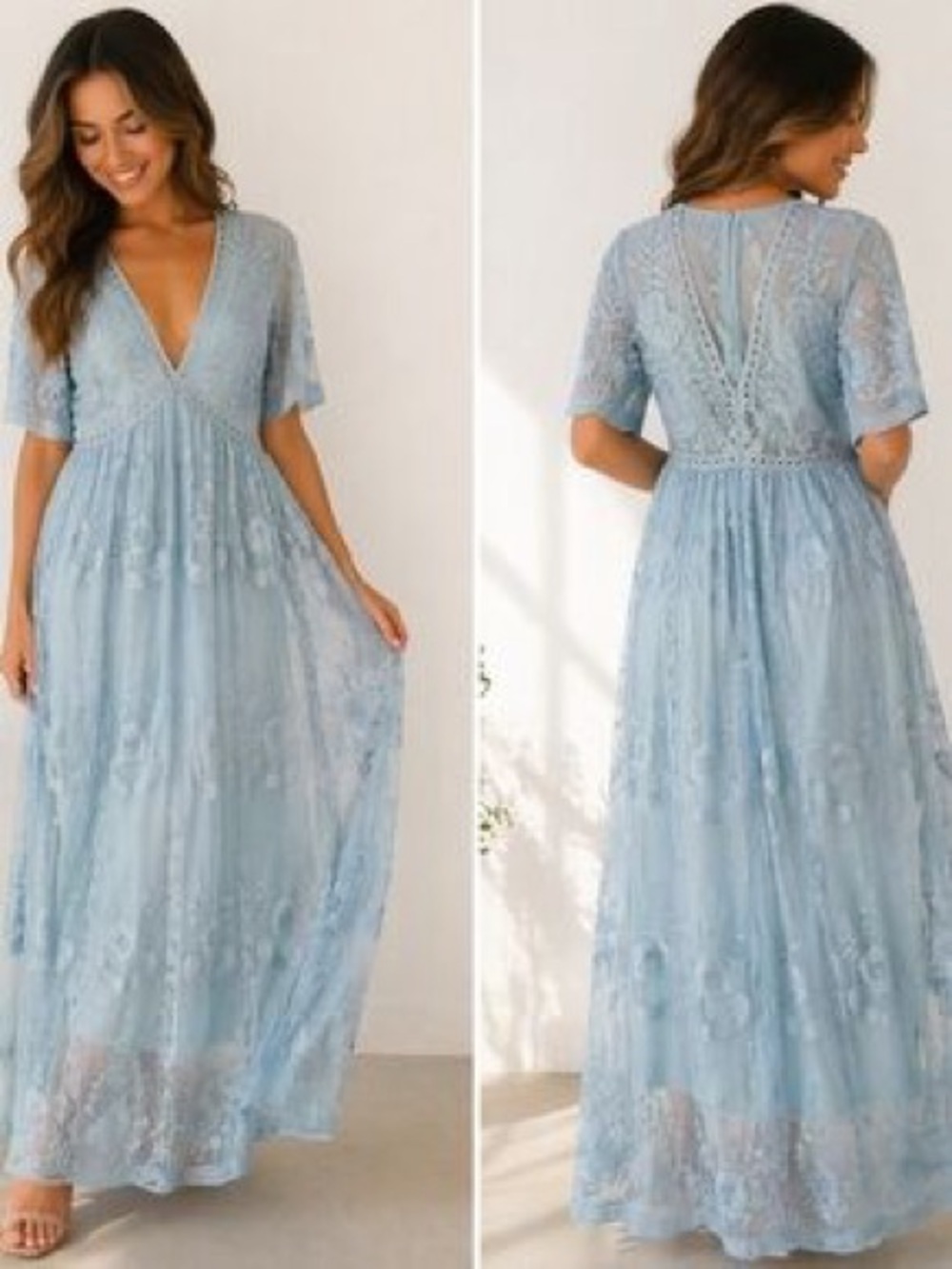 Pinkblush Coquette Girly Boho Light Blue Lace V-Neck Maxi Dress
